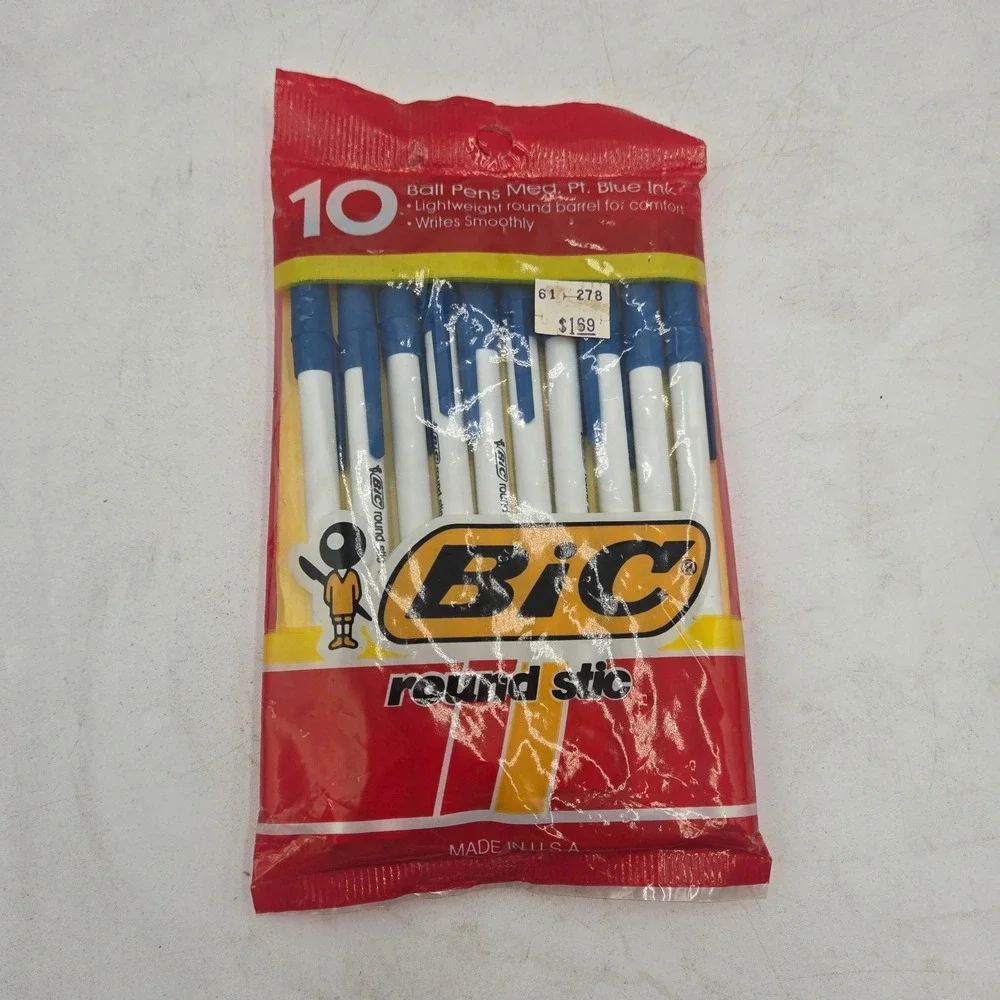 Vintage 1986 BIC Round Stic Ball Pens 10 Pack Blue Ink Medium Point Made in USA